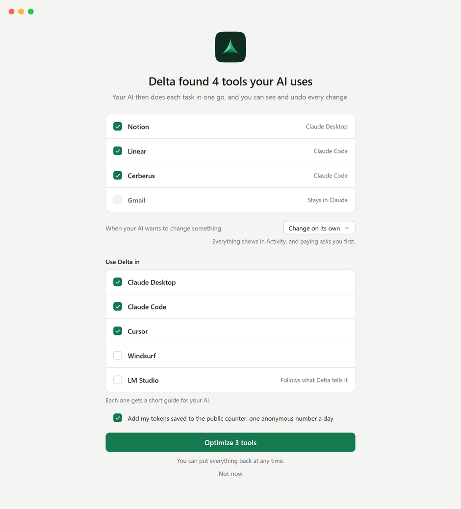 Delta MCP’s first launch: it found 4 tools your AI uses; Optimize 3 tools.