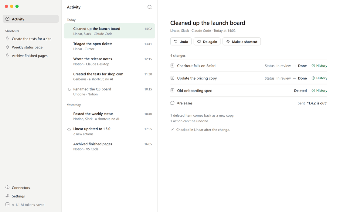 Delta MCP’s Activity window: each task in one sentence, its changes before and after, and Undo.