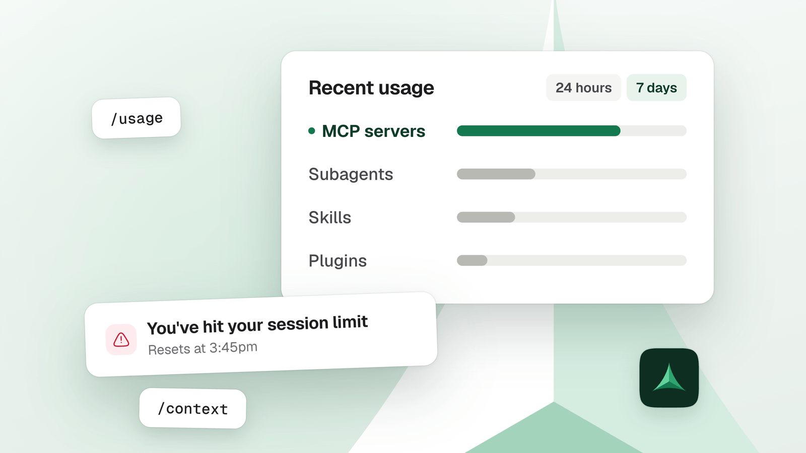 A usage card splitting recent Claude Code usage between MCP servers, subagents, skills and plugins, next to a message saying the session limit was hit.